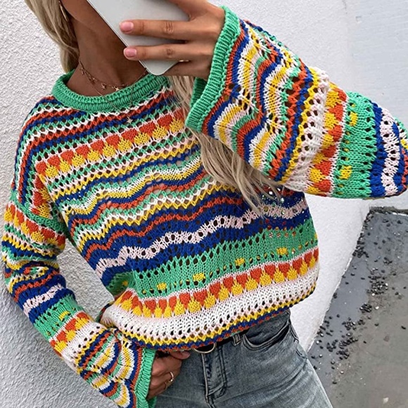 Women's Open Crochet Multi Hue Sweater sz medium bust 47" - Picture 4 of 5